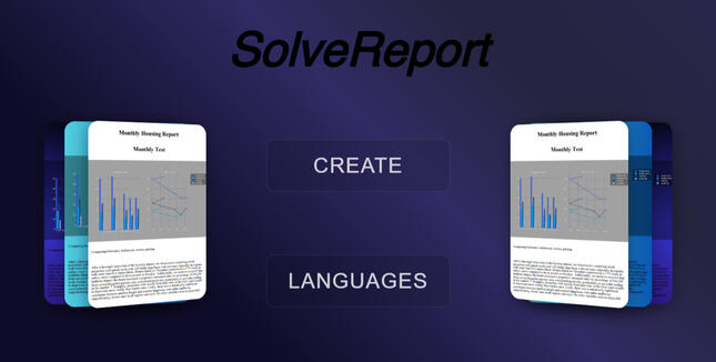 SolveReport Beta Menu with 3 cards each side showcasing the reports given by the application, two buttons in the center for the creation and for the language and, the title on the top.